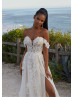 Ivory Floral Lace Glitter Tulle Slit Stunning Wedding Dress